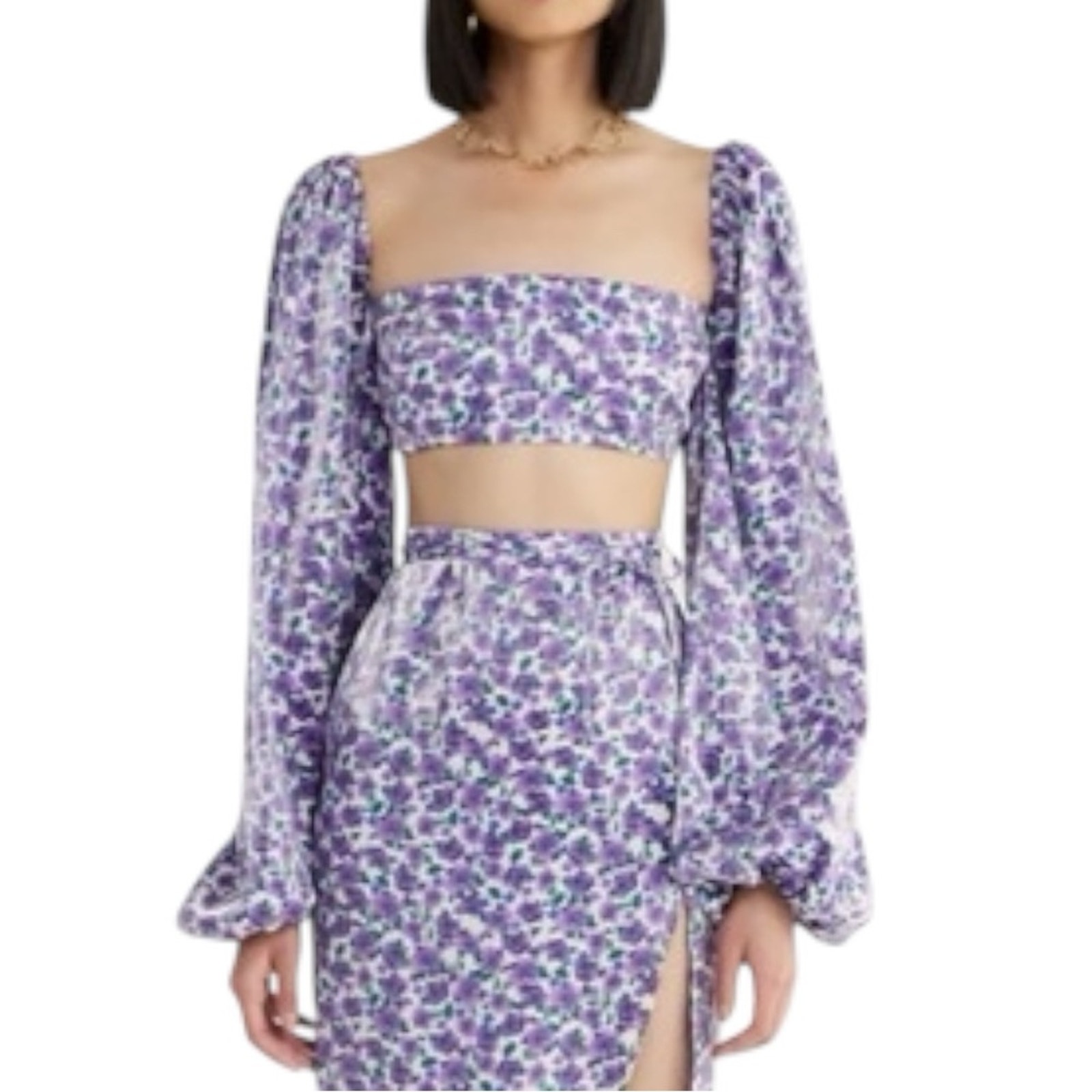Rumer Nwt Crop Top Puff Sleeves Purple Floral Metallic Shine Size Large